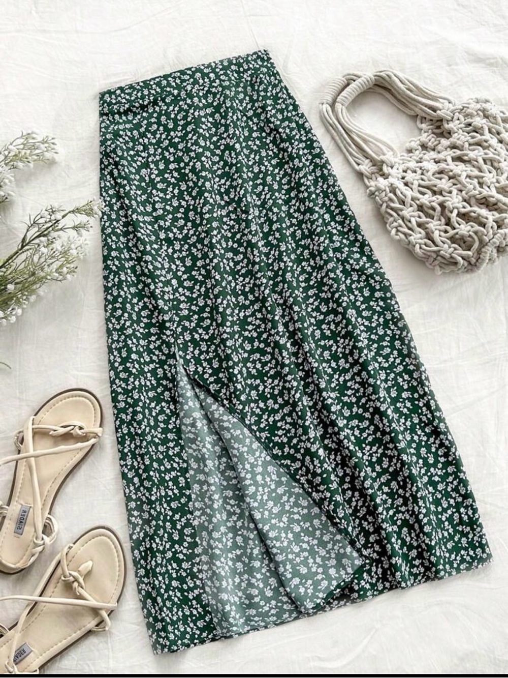 Amazon Essentials Dark Green Floral Midi Skirt with Side Slit